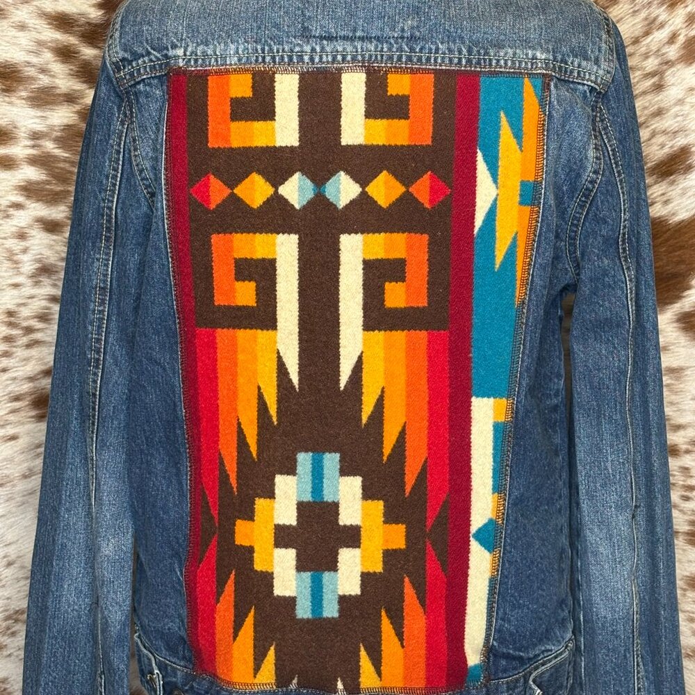 OOAK UpCycled Western Jean Jacket w/ Red Orange yellow Aztec Pendleton Wool- M